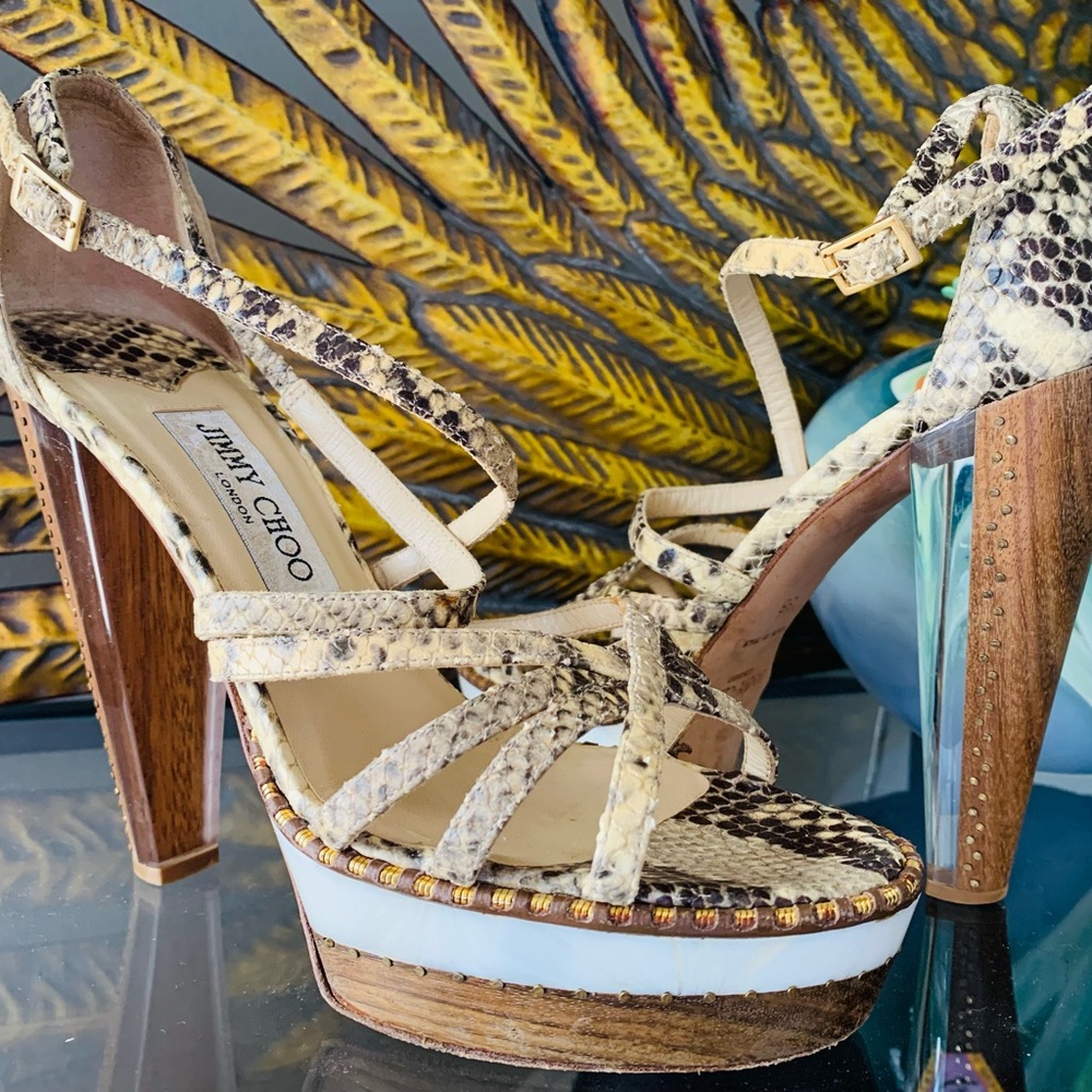 Vintage Jimmy Choo Snakeskin, Wood and Perspex Heels